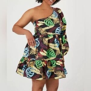 Forever 21 Exotic, Multicolor Leaf Print Mini Dress Off Shoulder, Puff Sleeve 3X